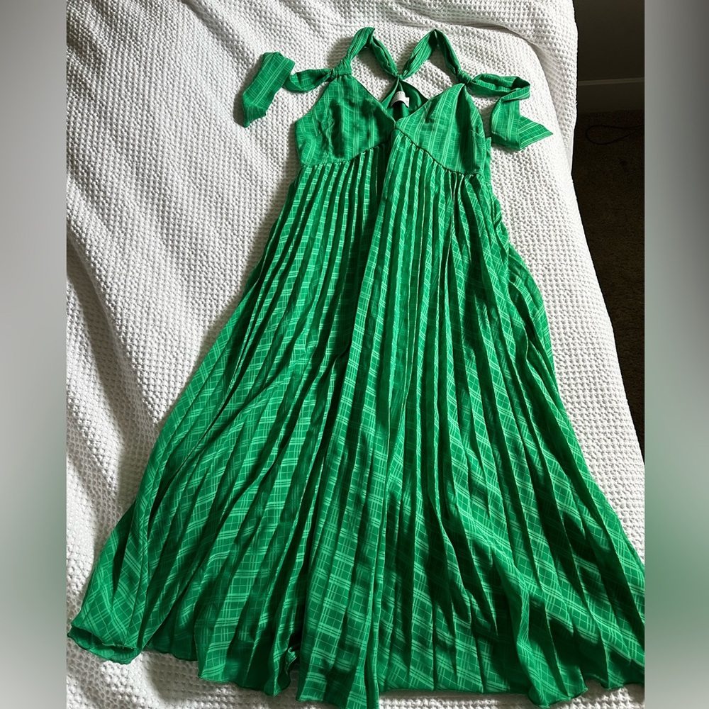 ASOS DESIGN jacquard check plunge neck pleat midi dress with tie straps in Green